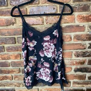 Bar III Black Floral Sleeveless Lace Trim Camisole Cami Tank Top Women's Small